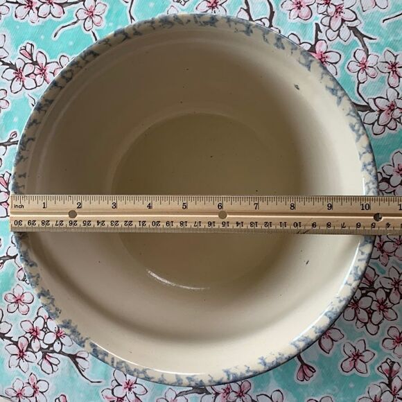 Blue Spongeware Large Mixing Bowl Pottery Floral Stencil - Picture 5 of 9